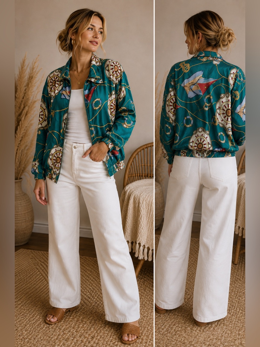 Vtg Fuda International Silk Nautical Jacket Coastal Yacht Club Windbreaker M